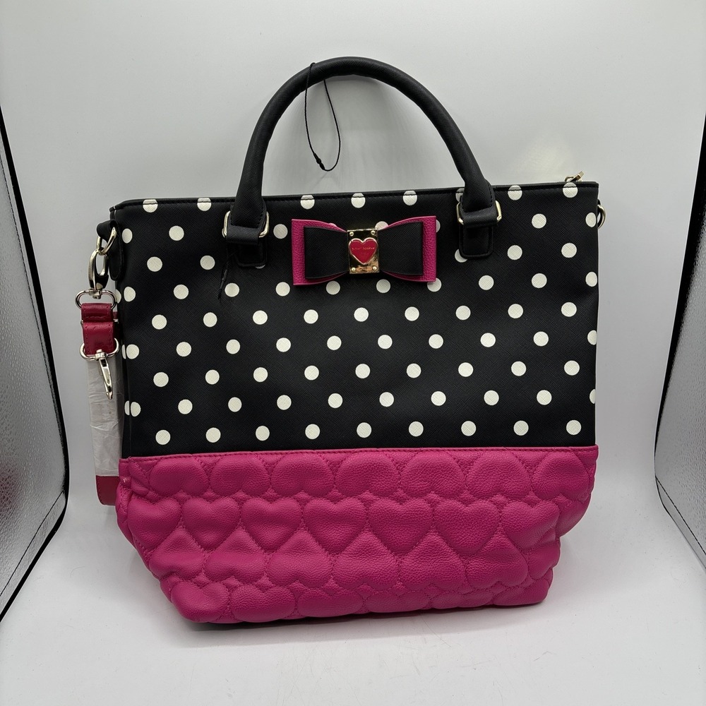 Betsey Johnson Pink Quilted Hearts Polka Dots Bow Shoulder Tote Bag NWOT